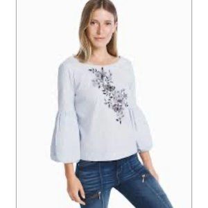 WHBM Blue White Stripe Floral Embroidery Blouse Top 10